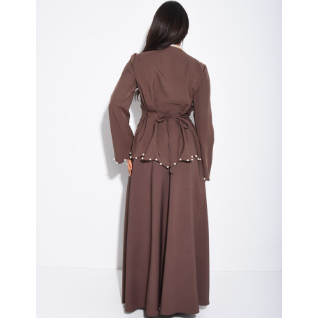 Long pleated skirt and fitted top with pearls