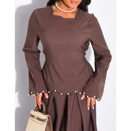 Long pleated skirt and fitted top with pearls