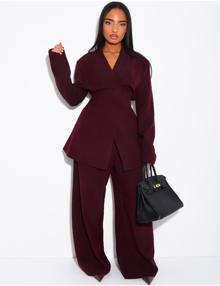 Set comprising a fitted blazer with a stand-up collar and straight-leg trousers