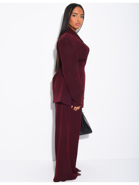 Set comprising a fitted blazer with a stand-up collar and straight-leg trousers