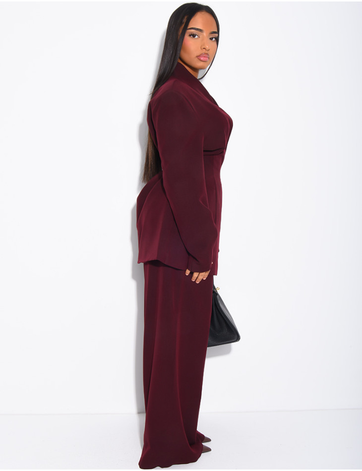 Set comprising a fitted blazer with a stand-up collar and straight-leg trousers