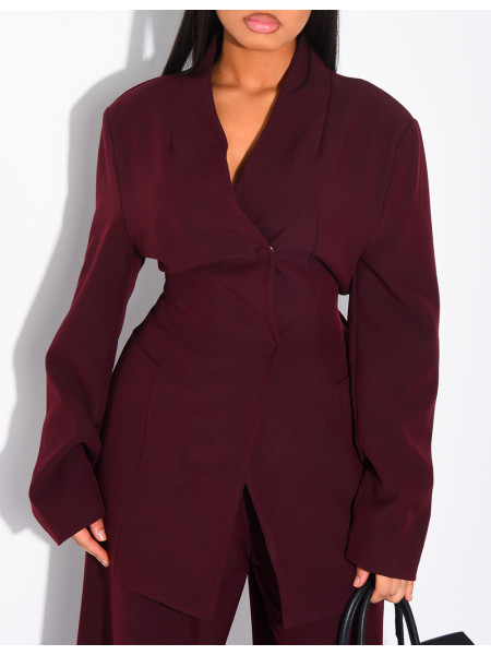 Set comprising a fitted blazer with a stand-up collar and straight-leg trousers