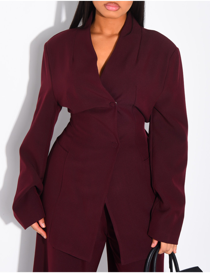 Set comprising a fitted blazer with a stand-up collar and straight-leg trousers