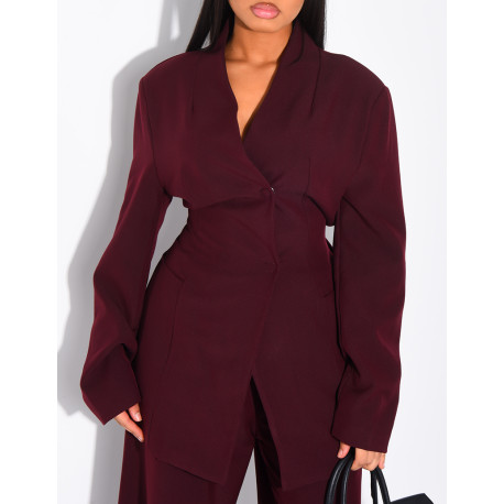 Set comprising a fitted blazer with a stand-up collar and straight-leg trousers