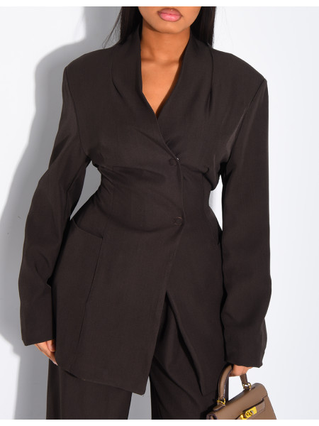 Set comprising a fitted blazer with a stand-up collar and straight-leg trousers