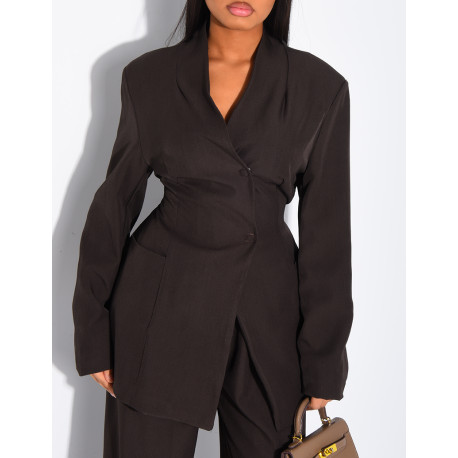 Set comprising a fitted blazer with a stand-up collar and straight-leg trousers