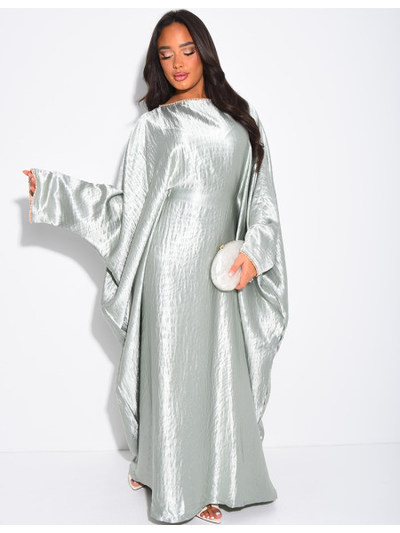 Premium embossed satin butterfly abaya embellished with pearls