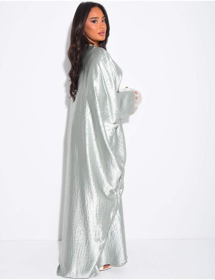 Premium embossed satin butterfly abaya embellished with pearls