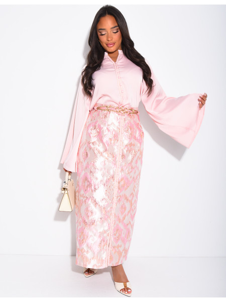 Set aus geknöpfter Bluse aus Satin und langem Rock aus Brokatstoff