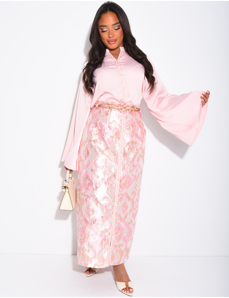 Set aus geknöpfter Bluse aus Satin und langem Rock aus Brokatstoff