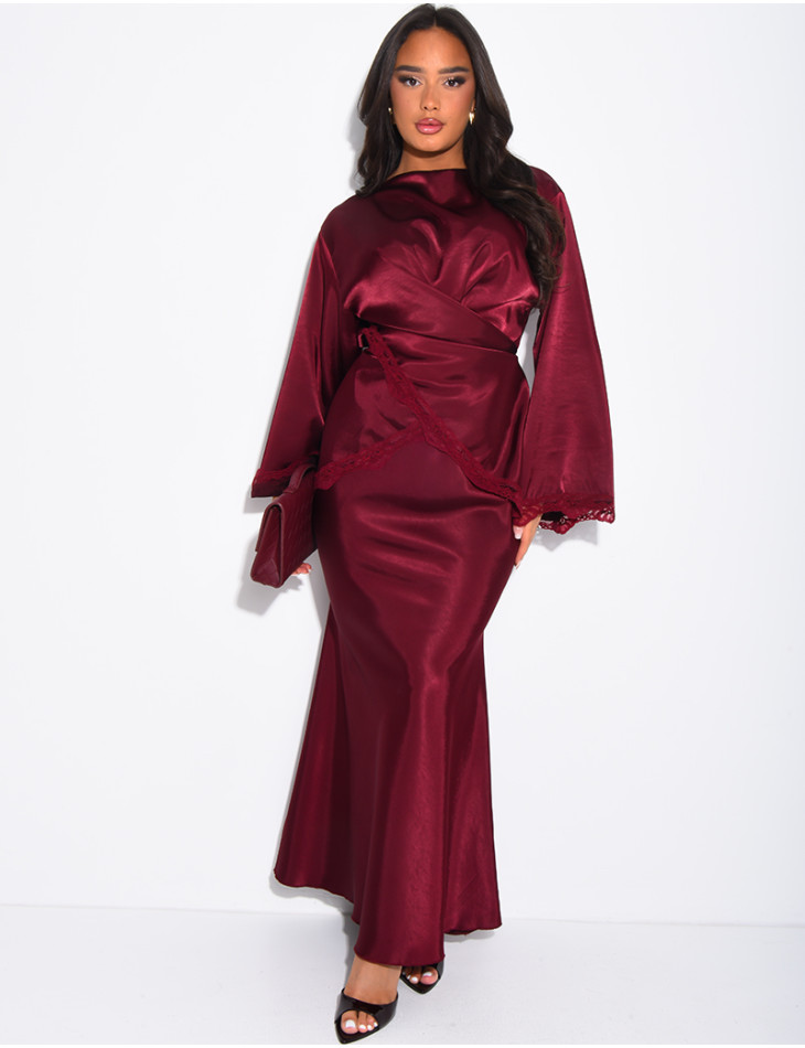 Set aus langem Rock und Wickeloberteil aus Satin mit Spitzenbesatz