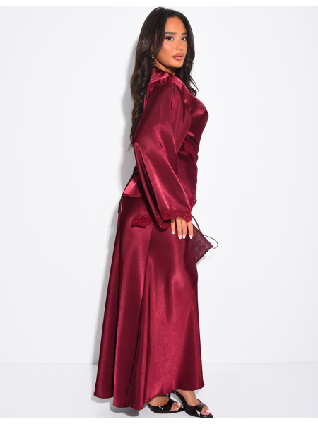 Set aus langem Rock und Wickeloberteil aus Satin mit Spitzenbesatz