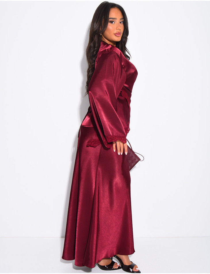 Set aus langem Rock und Wickeloberteil aus Satin mit Spitzenbesatz