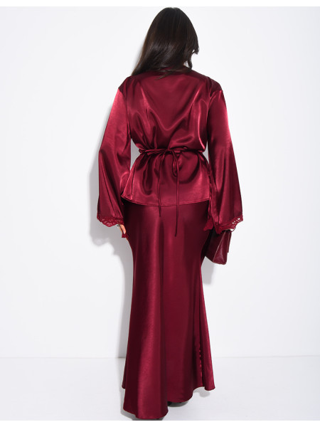 Set aus langem Rock und Wickeloberteil aus Satin mit Spitzenbesatz