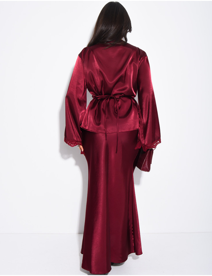 Set aus langem Rock und Wickeloberteil aus Satin mit Spitzenbesatz