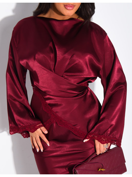 Set aus langem Rock und Wickeloberteil aus Satin mit Spitzenbesatz