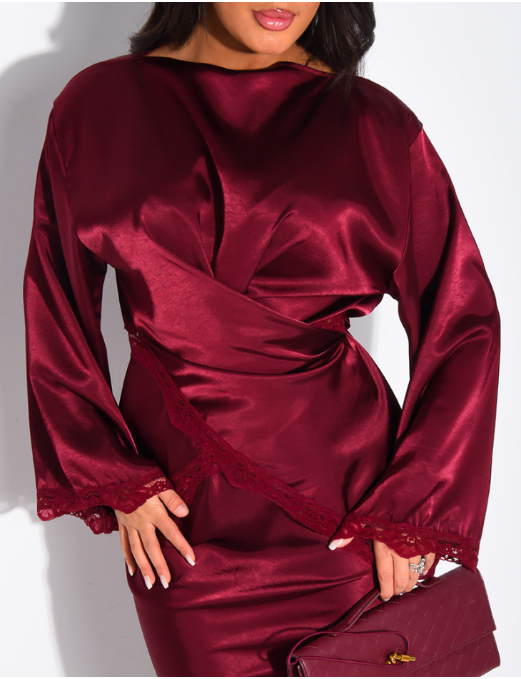 Set aus langem Rock und Wickeloberteil aus Satin mit Spitzenbesatz