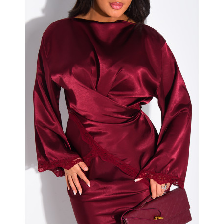 Set aus langem Rock und Wickeloberteil aus Satin mit Spitzenbesatz