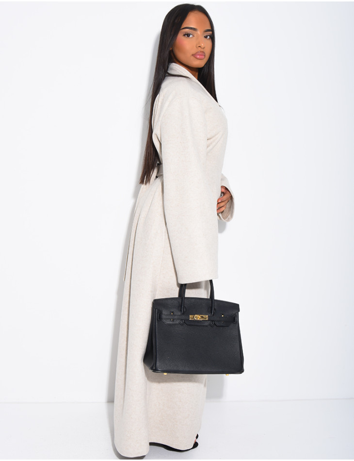 Long, thick felt coat with a fitted waist