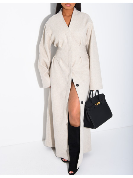 Long, thick felt coat with a fitted waist