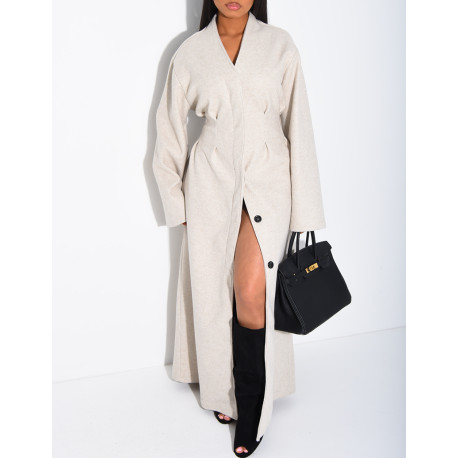 Long, thick felt coat with a fitted waist