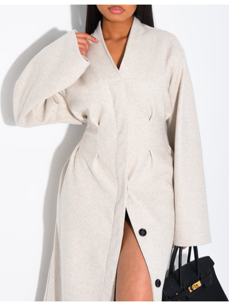 Long, thick felt coat with a fitted waist