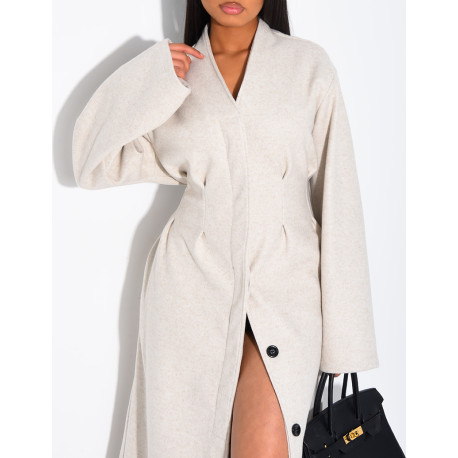 Long, thick felt coat with a fitted waist