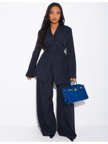 Striped set with fitted high-neck blazer and straight-leg pants