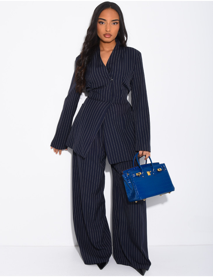 Striped set with fitted high-neck blazer and straight-leg pants