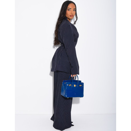 Striped set with fitted high-neck blazer and straight-leg pants