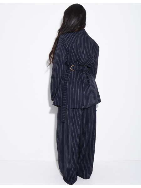Striped set with fitted high-neck blazer and straight-leg pants