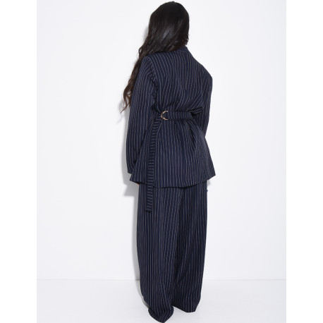 Striped set with fitted high-neck blazer and straight-leg pants