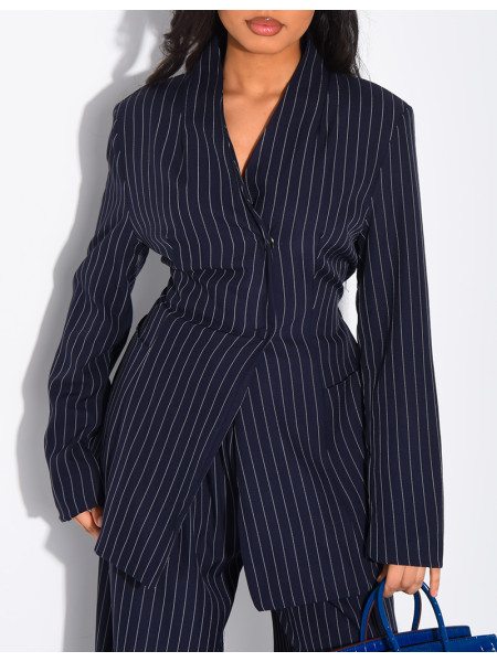 Striped set with fitted high-neck blazer and straight-leg pants