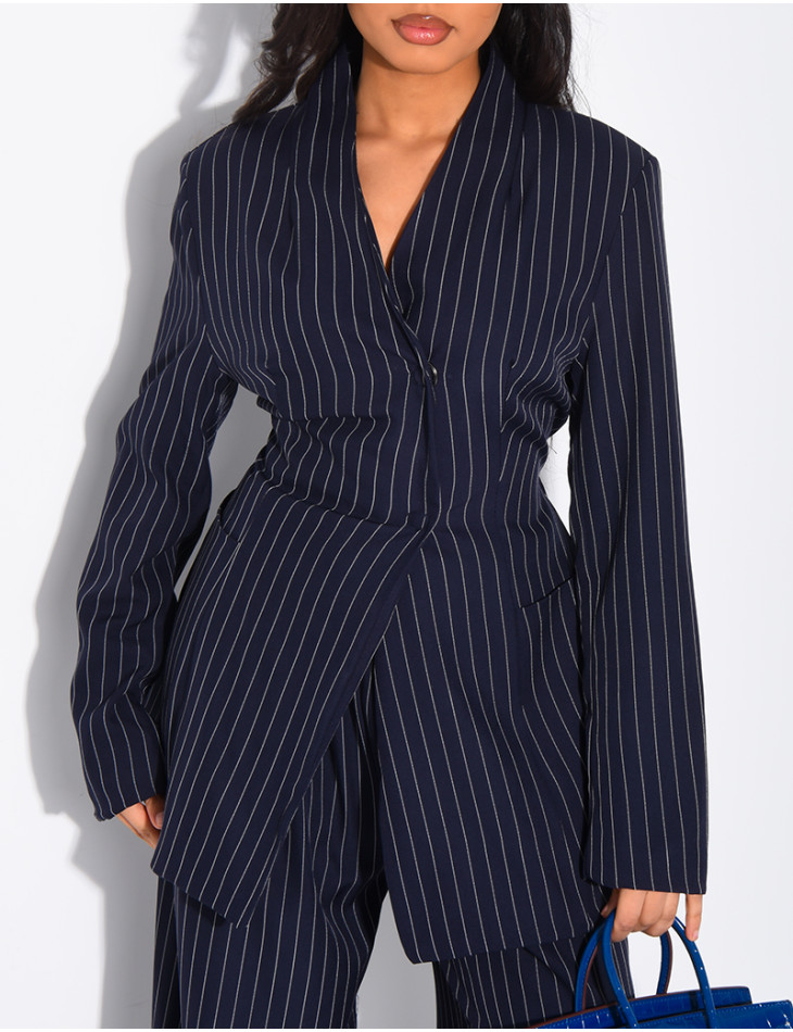 Striped set with fitted high-neck blazer and straight-leg pants