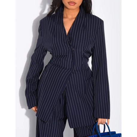 Striped set with fitted high-neck blazer and straight-leg pants