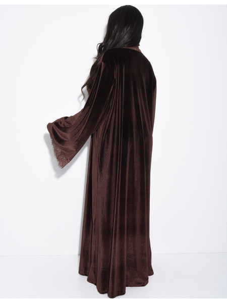Kimono en velours à bordures en dentelle