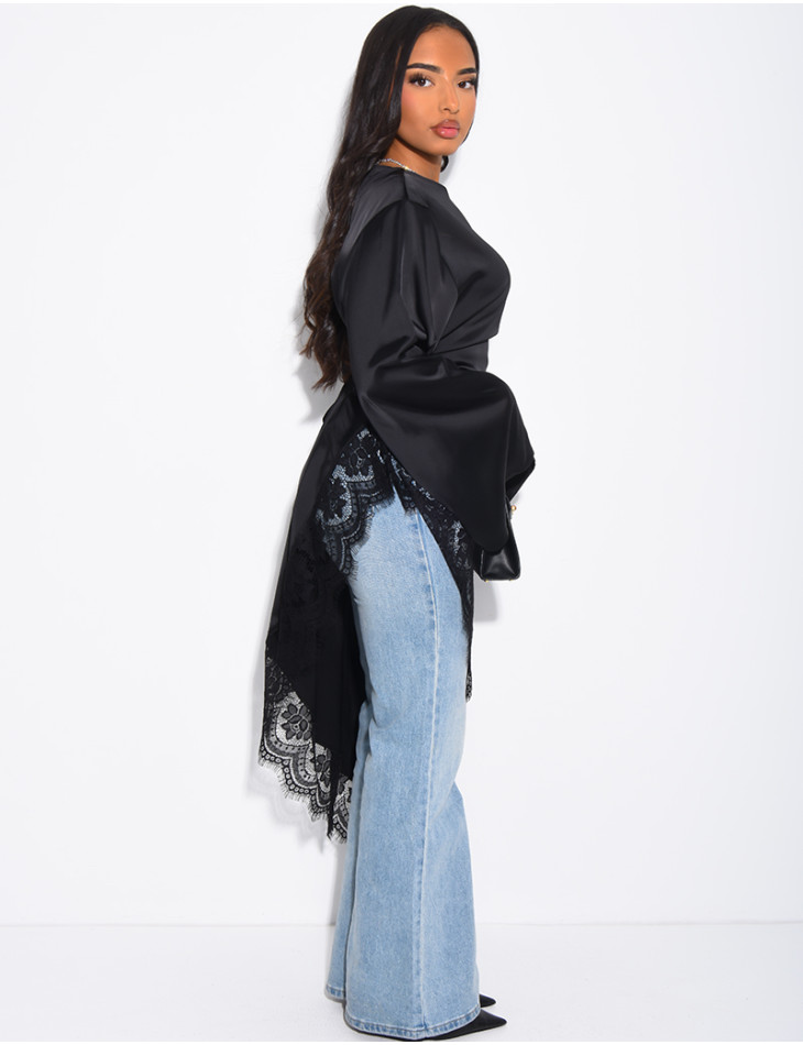 Top long asymétrique en satin à dentelle