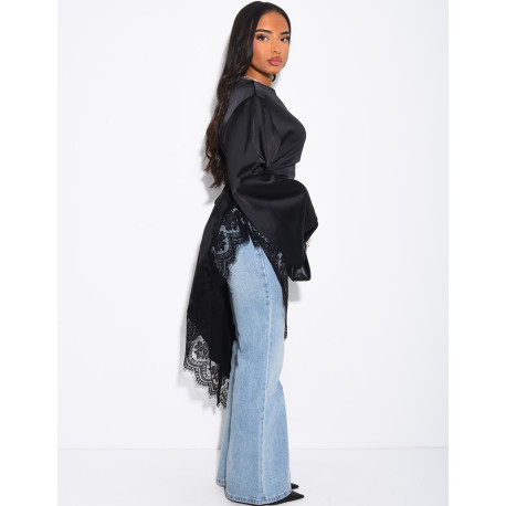 Top long asymétrique en satin à dentelle