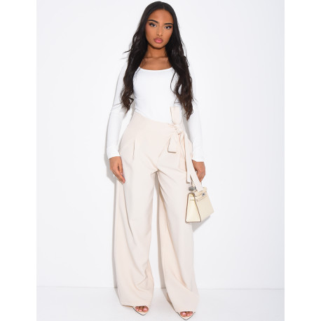 Straight-cut tailored pants with tie waist