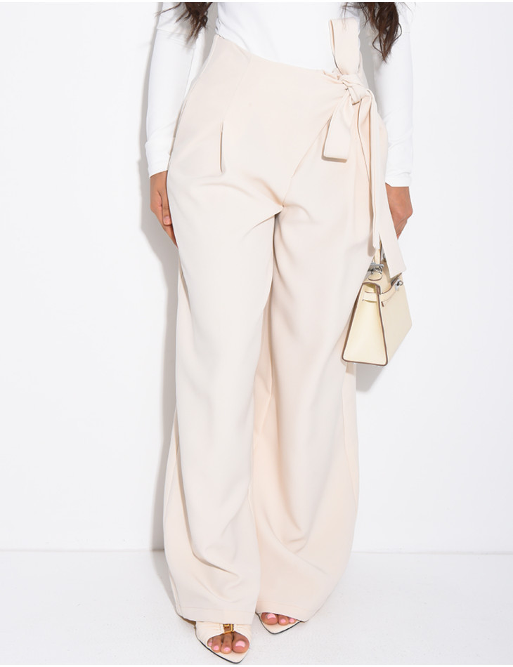 Straight-cut tailored pants with tie waist