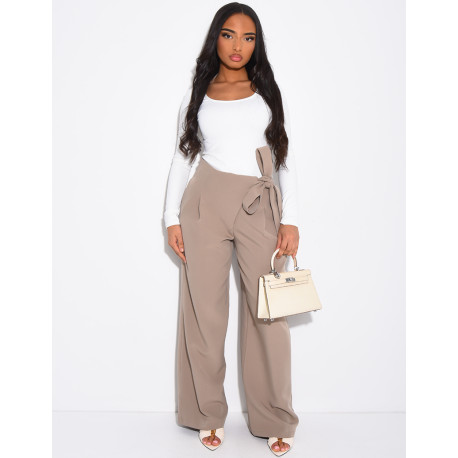 Straight-cut tailored pants with tie waist