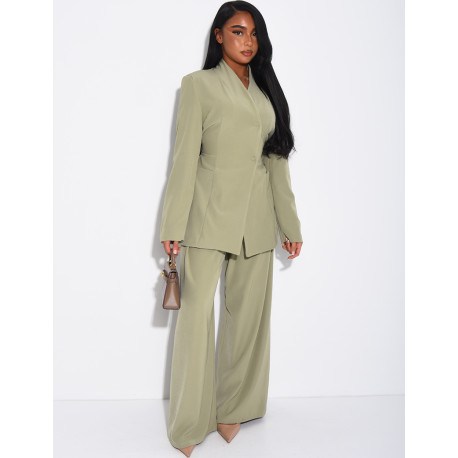 Ensemble blazer col montant ajusté dans le dos et pantalon coupe droite