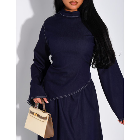 Long denim skirt and fitted asymmetrical top set