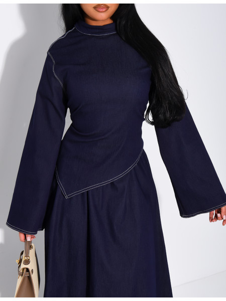 Long denim skirt and fitted asymmetrical top set