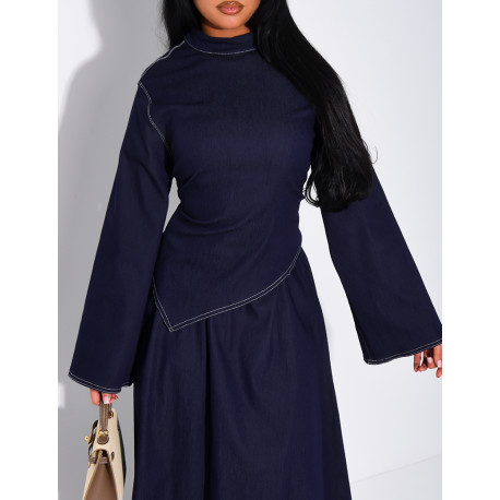 Long denim skirt and fitted asymmetrical top set