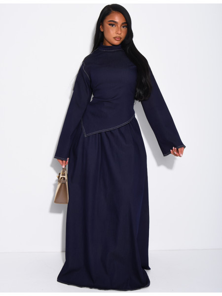 Long denim skirt and fitted asymmetrical top set