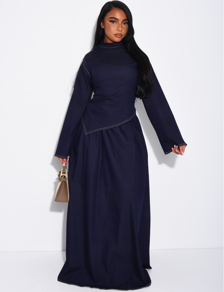 Long denim skirt and fitted asymmetrical top set