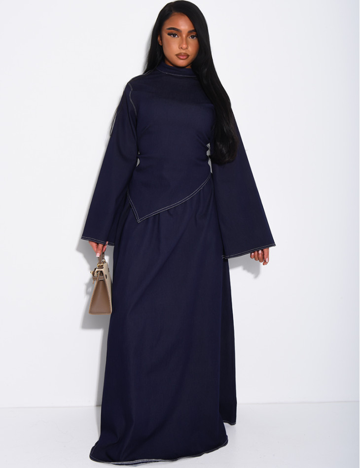 Long denim skirt and fitted asymmetrical top set