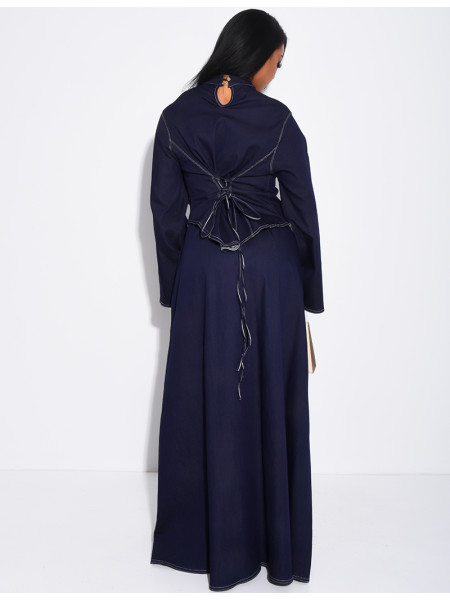 Long denim skirt and fitted asymmetrical top set