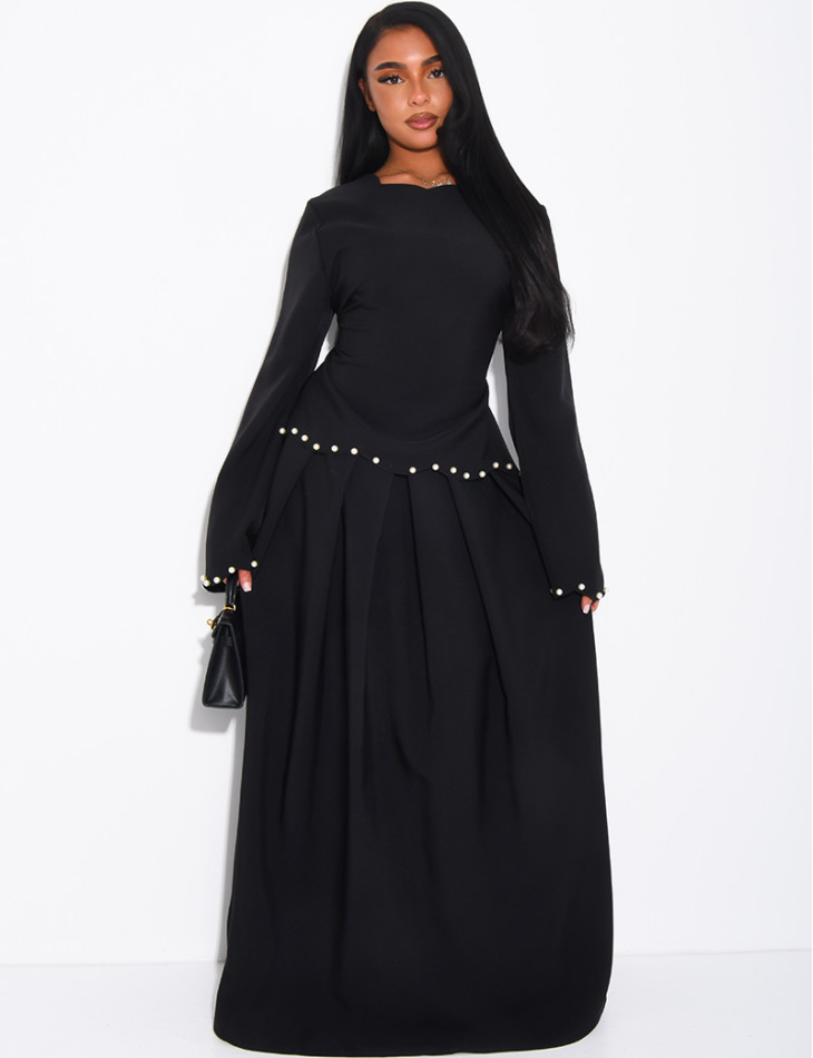 Long pleated skirt and fitted top with pearls